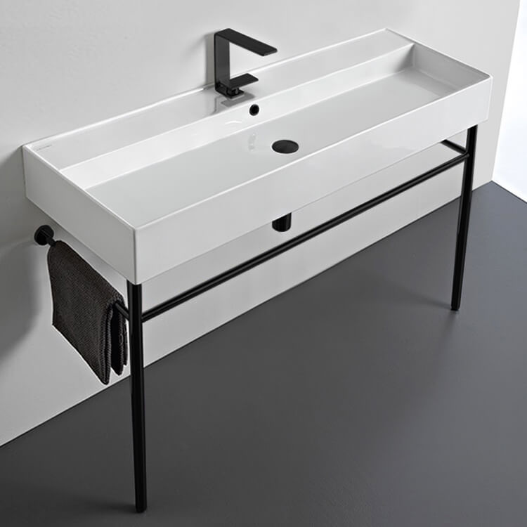 Console Bathroom Sink, Scarabeo 8031/R-120A-CON-BLK, Large Ceramic Console Sink and Matte Black Stand